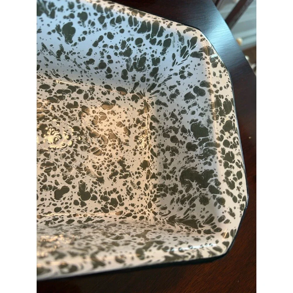 Vintage Olive Green and White Splatterware Enamelware Loaf Pan Excellent